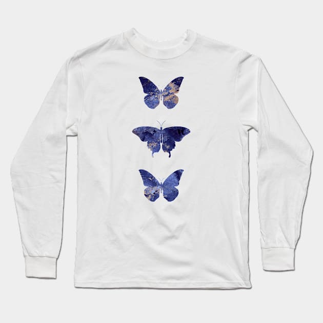 Butterflies Navy and Blush Pink Stone Long Sleeve T-Shirt by themadesigns